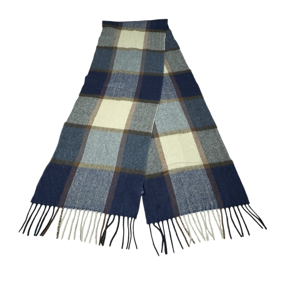 Tommy Hilfiger Wool Scarf Plaid Mens Blue Tan Fringed Warm Classic Casual 66”
